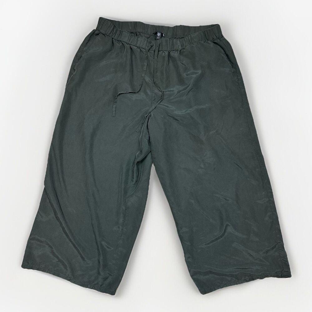 Eileen Fisher XL Wide Leg Cropped Pants Green Drawstring Elastic Waist Casual